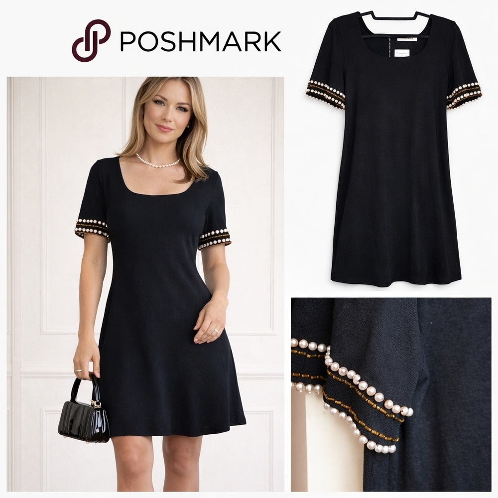 Vintage Julian Wilder Black Pearl Beaded Sleeve Cocktail Dress A-Line Y2K 14
